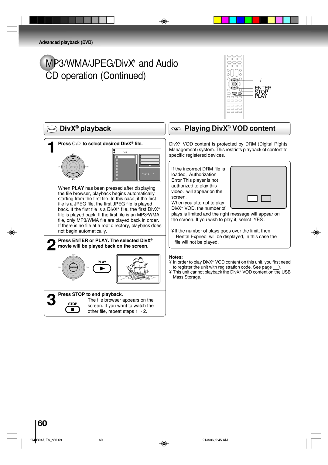 Toshiba SD-V594SC owner manual DivX¨ playback, Playing DivX¨ VOD content, Enter Stop Play 