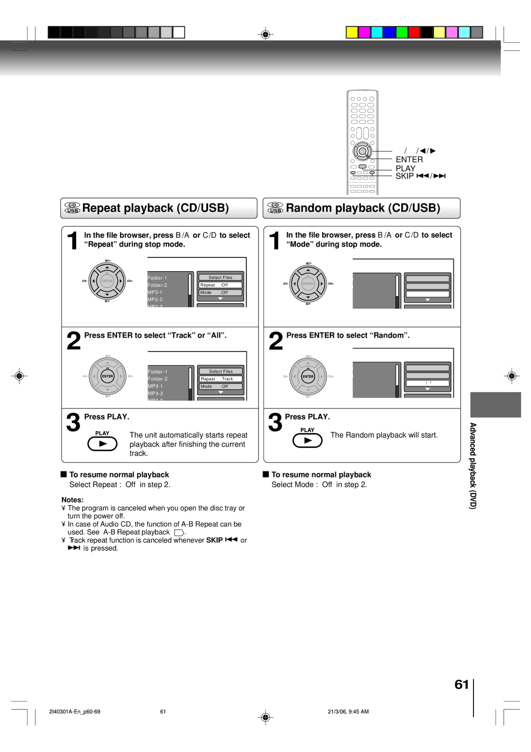 Toshiba SD-V594SC owner manual Repeat playback CD/USB, Random playback CD/USB 