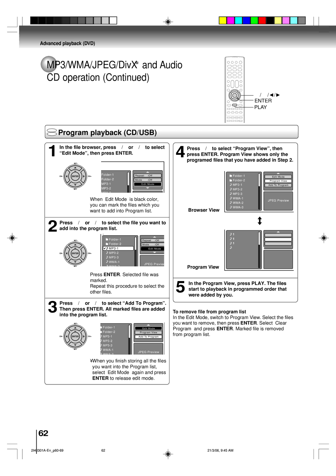 Toshiba SD-V594SC owner manual Program playback CD/USB, Enter Play, Browser View Program View 