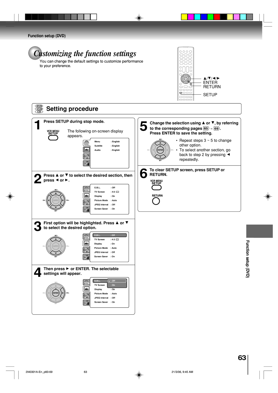 Toshiba SD-V594SC Customizing the function settings, VCD Setting procedure, Function setup DVD, Enter Return Setup 