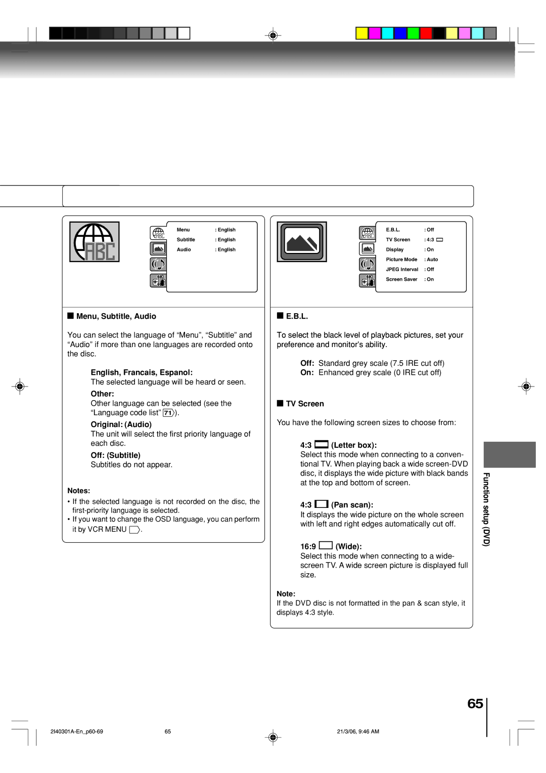 Toshiba SD-V594SC Menu, Subtitle, Audio, English, Francais, Espanol, Other, Original Audio, Off Subtitle, TV Screen, Wide 