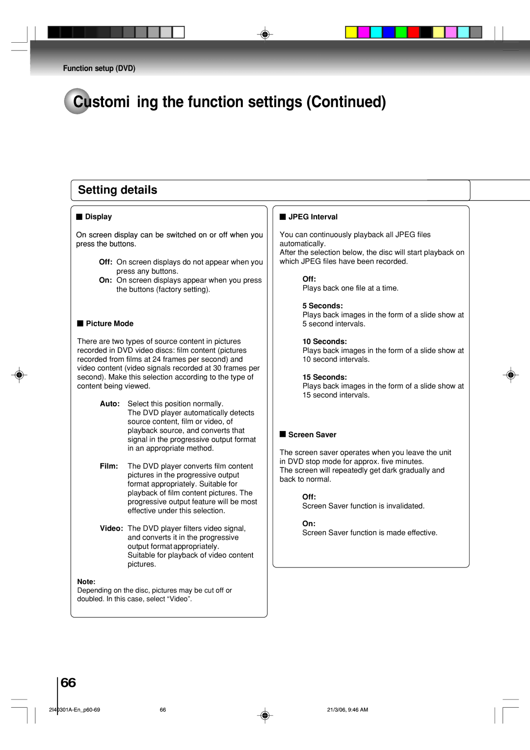 Toshiba SD-V594SC owner manual Display, Picture Mode, Jpeg Interval, Off, Seconds, Screen Saver 