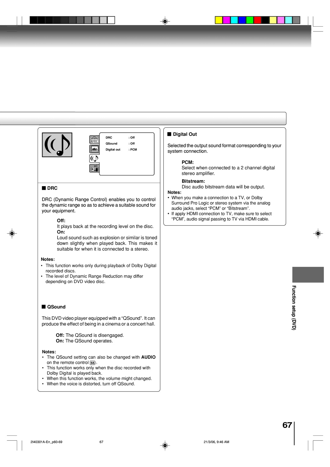 Toshiba SD-V594SC owner manual Drc, Digital Out, Pcm, Bitstream, QSound 