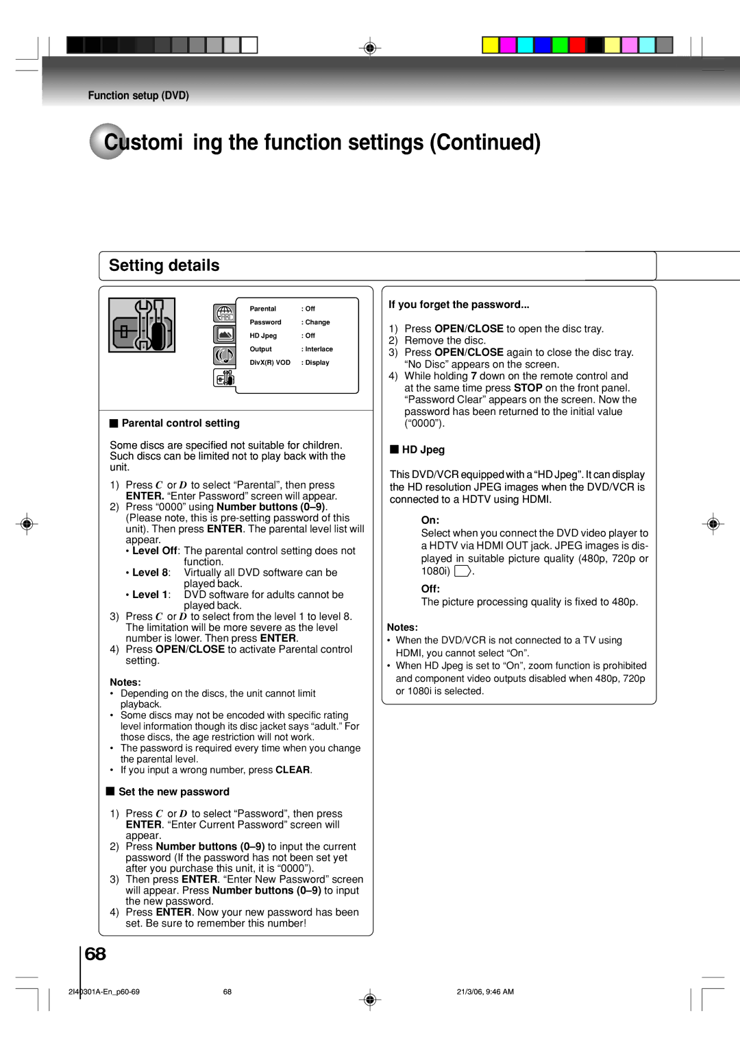 Toshiba SD-V594SC owner manual Parental control setting, If you forget the password, HD Jpeg, Set the new password 