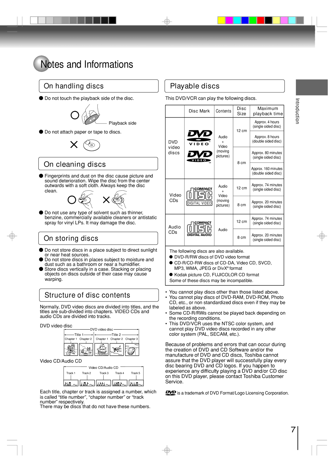 Toshiba SD-V594SC On handling discs, On cleaning discs, On storing discs, Structure of disc contents, Playable discs 