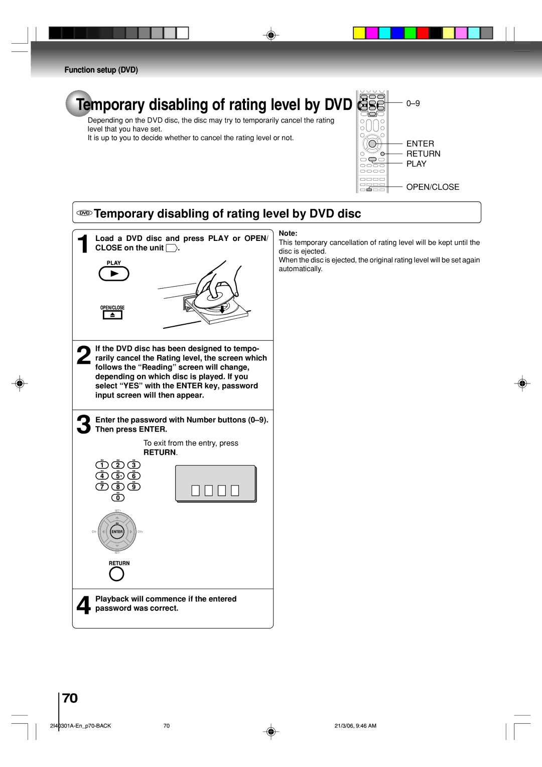 Toshiba SD-V594SC owner manual DVD Temporary disabling of rating level by DVD disc, Enter Return Play OPEN/CLOSE 