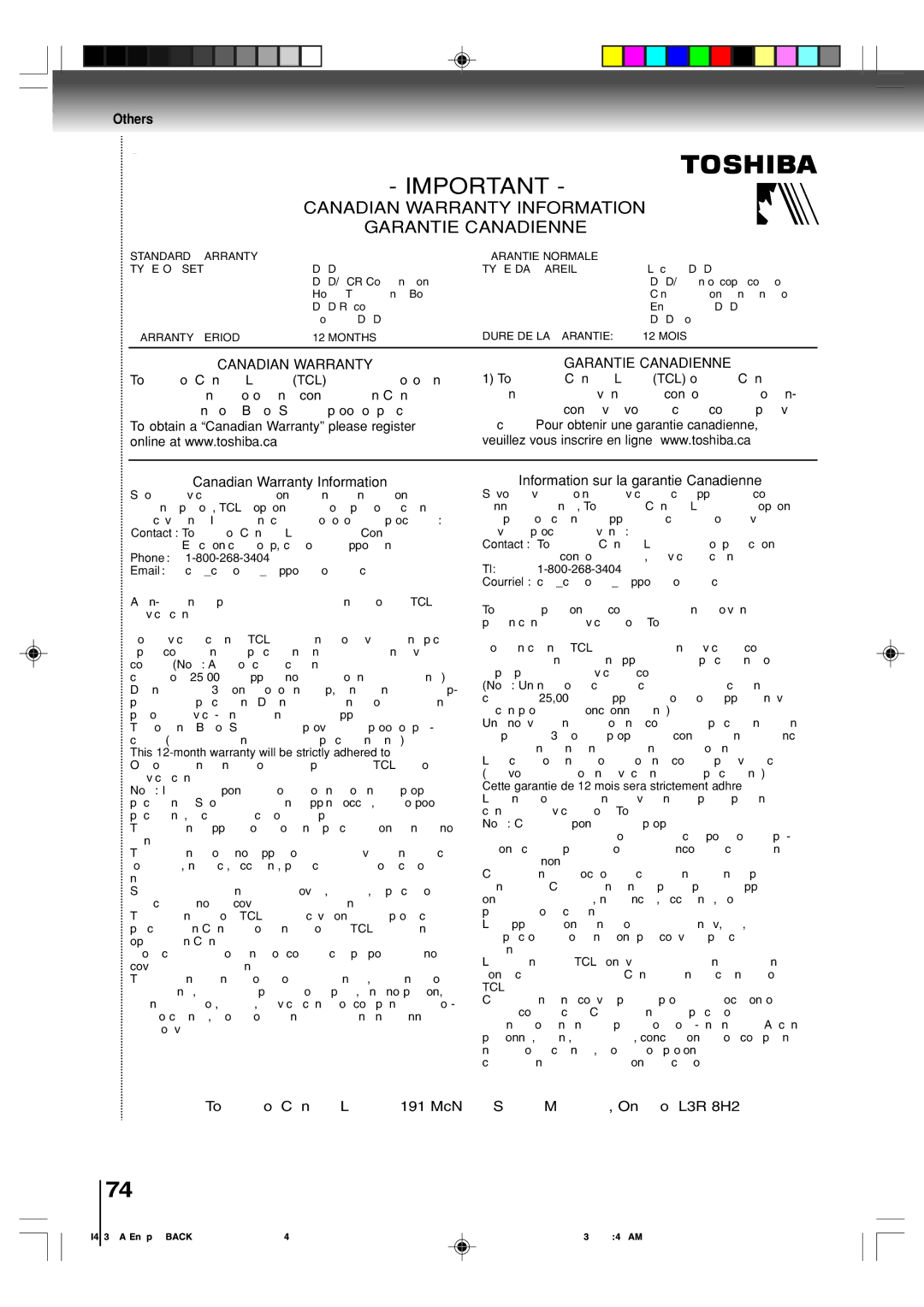 Toshiba SD-V594SC owner manual Canadian Warranty Information Garantie Canadienne 