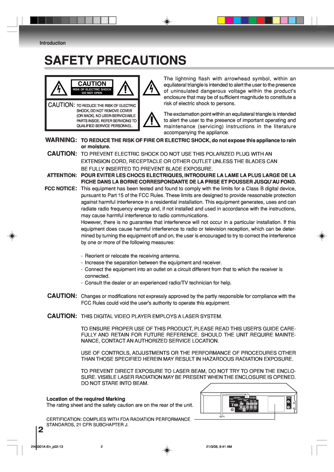 Toshiba SD-V594SC owner manual Safety Precautions, Introduction, Location of the required Marking 