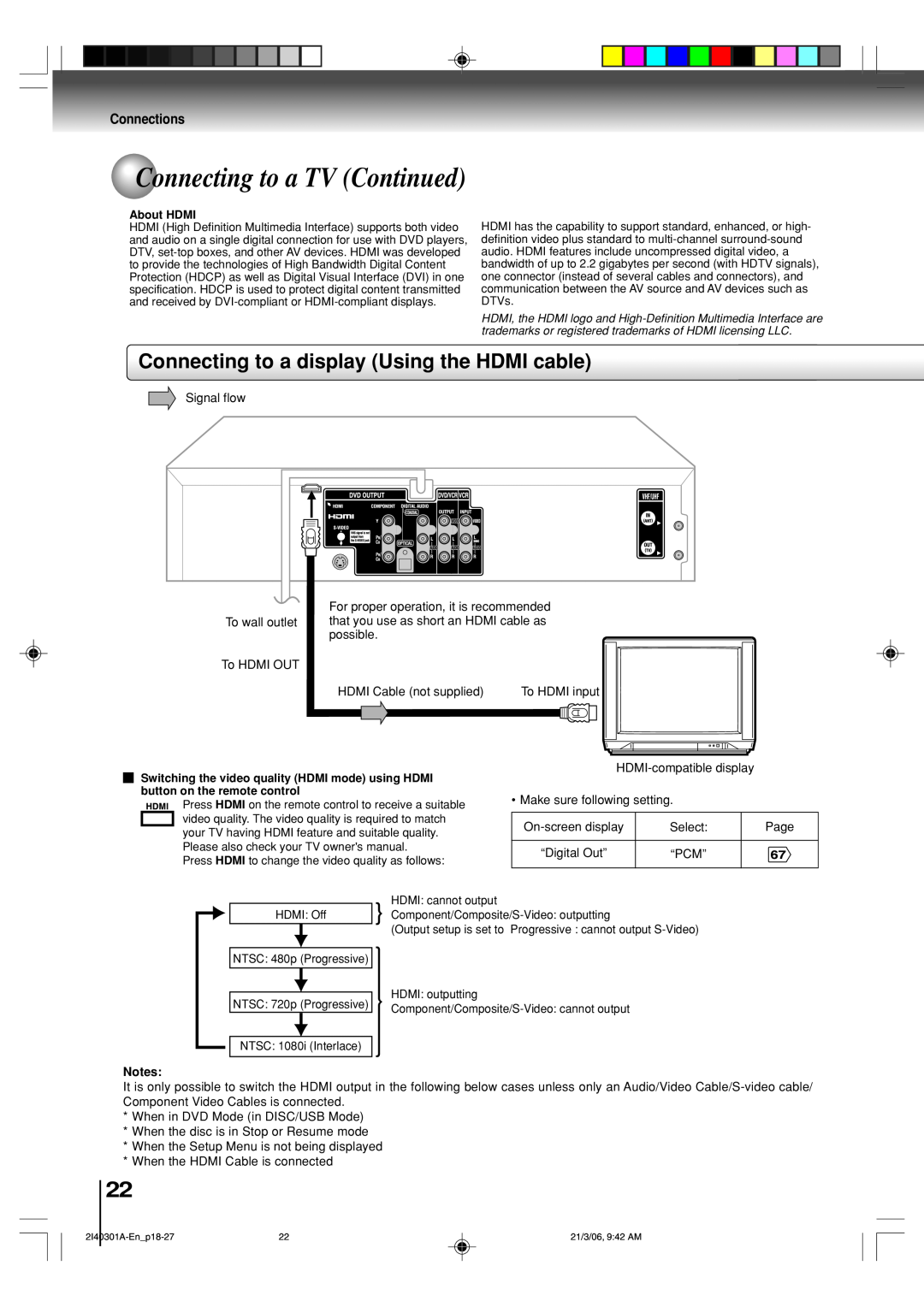 Toshiba SD-V594SC owner manual Connecting to a display Using the HDMI cable, Connecting to a TV Continued, Notes 