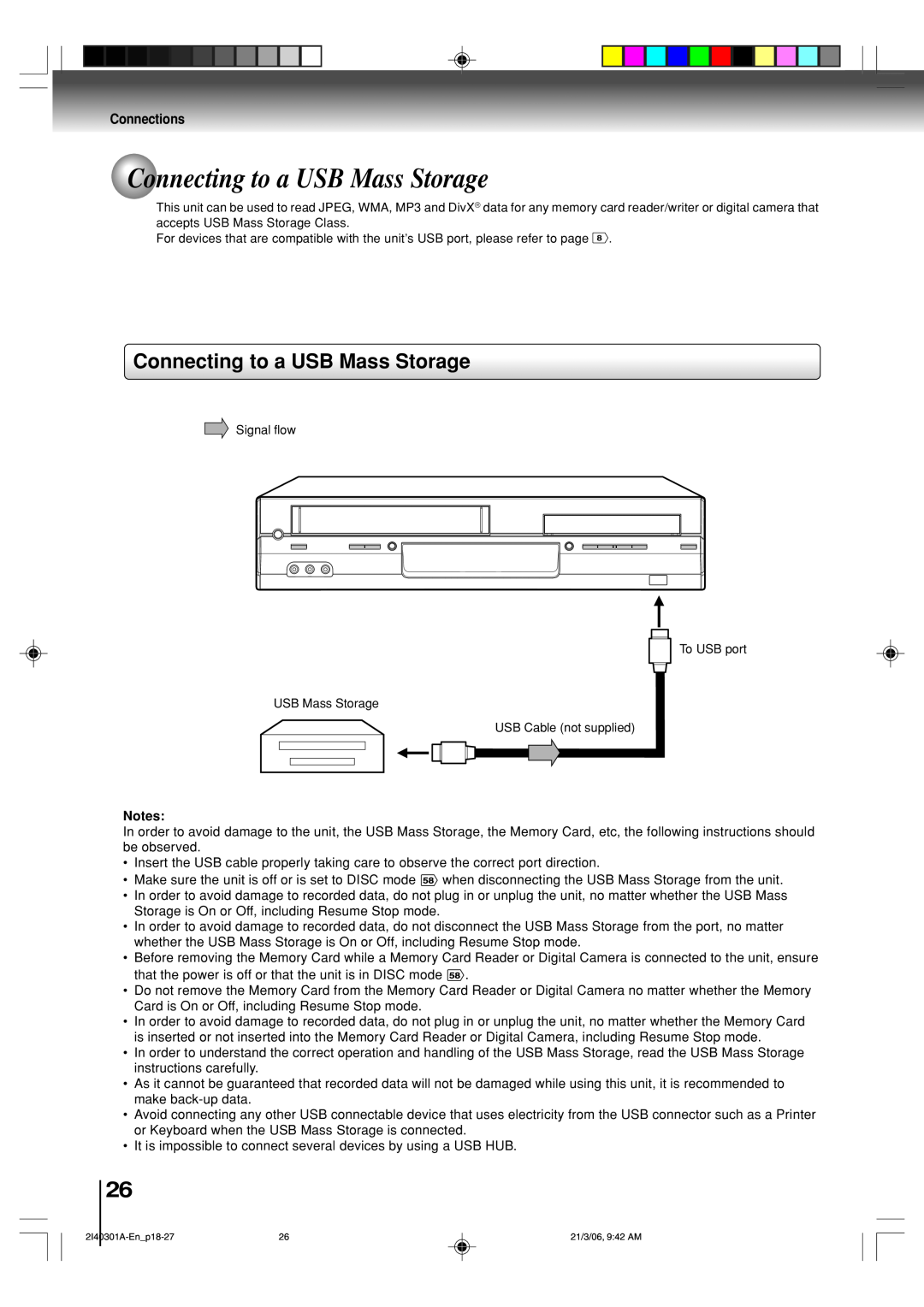 Toshiba SD-V594SC owner manual Connecting to a USB Mass Storage, Notes 