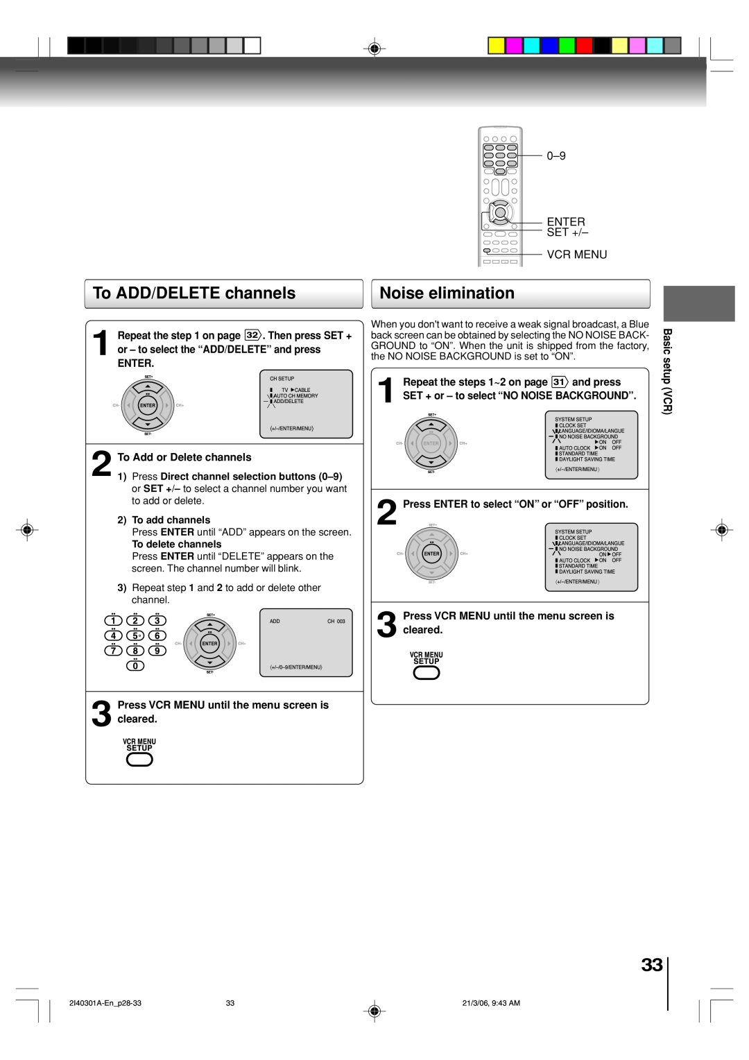 Toshiba SD-V594SC owner manual To ADD/DELETE channels, Noise elimination, Enter, To Add or Delete channels, To add channels 