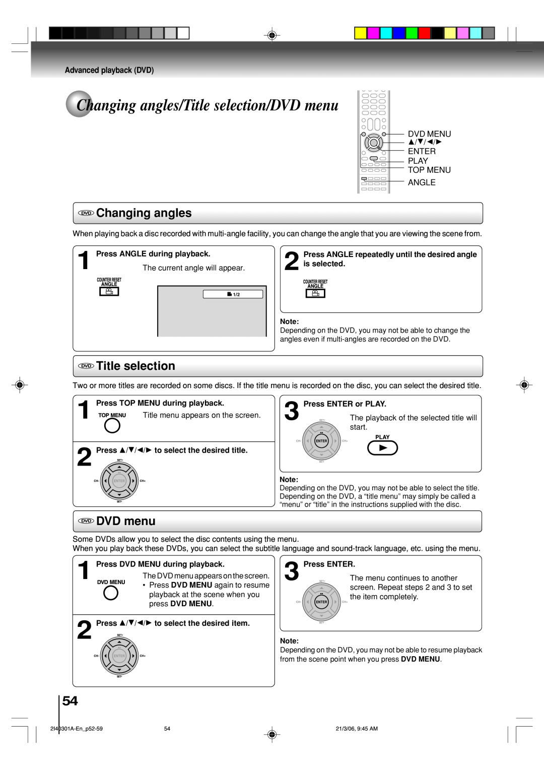 Toshiba SD-V594SC Changing angles/Title selection/DVD menu, DVD Changing angles, DVD Title selection, DVD DVD menu 