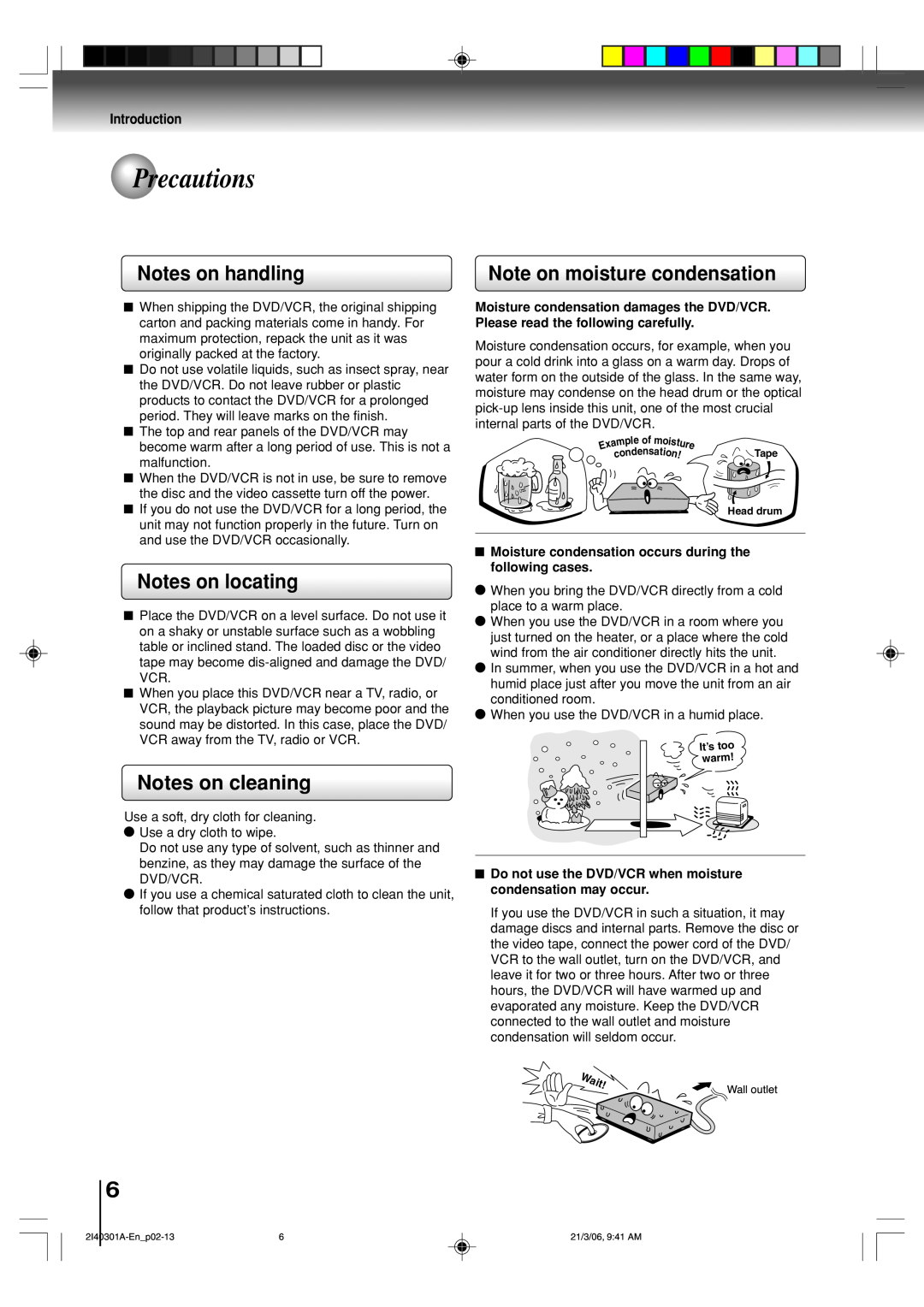 Toshiba SD-V594SC Precautions, Notes on handling, Note on moisture condensation, Notes on locating, Notes on cleaning 