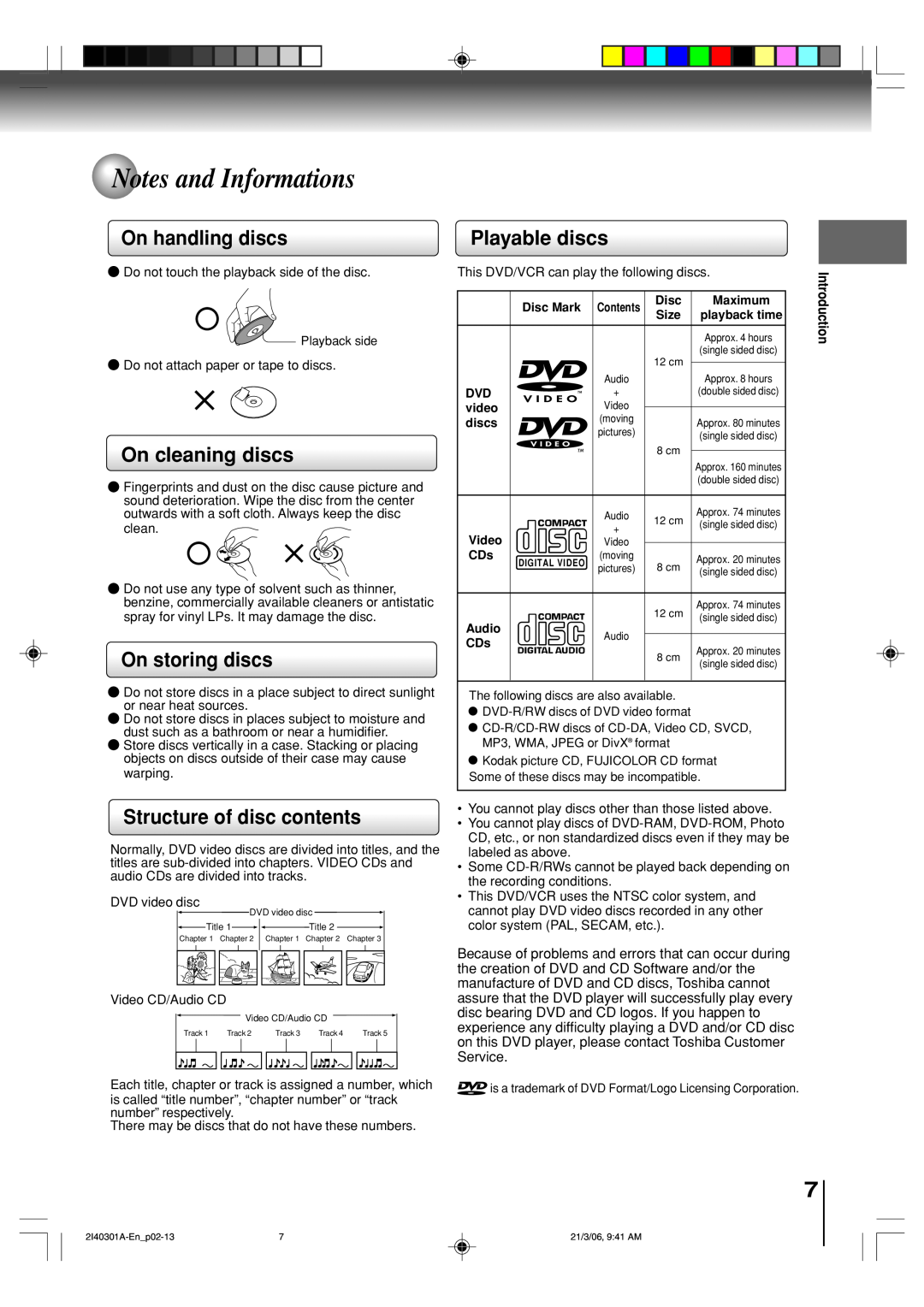 Toshiba SD-V594SC Notes and Informations, On handling discs, On cleaning discs, On storing discs, Playable discs, Disc 