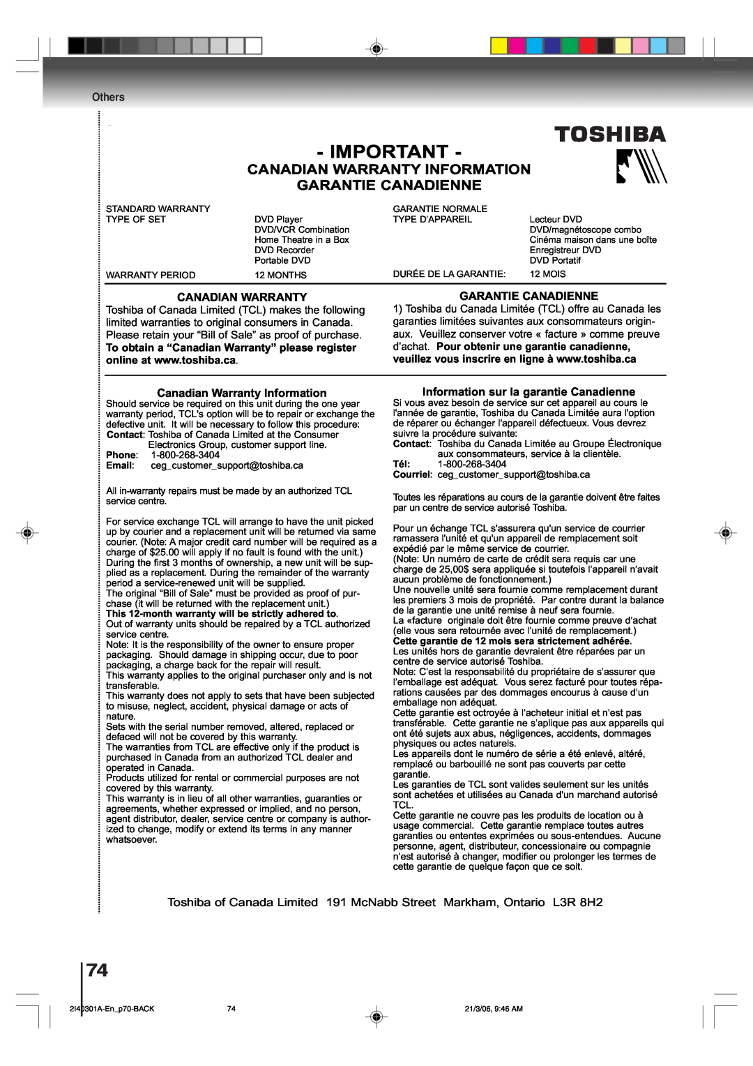 Toshiba SD-V594SC owner manual Canadian Warranty Information Garantie Canadienne, Information sur la garantie Canadienne 