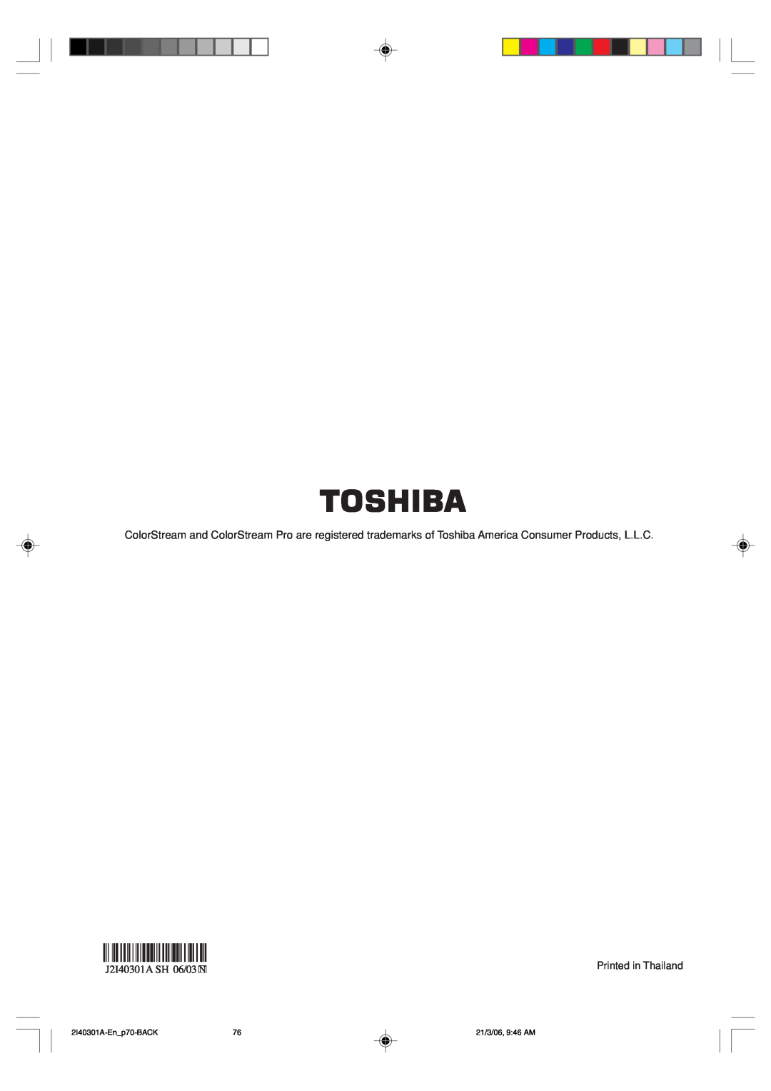 Toshiba SD-V594SC owner manual Printed in Thailand, 2I40301A-En p70-BACK, 21/3/06, 9 46 AM 