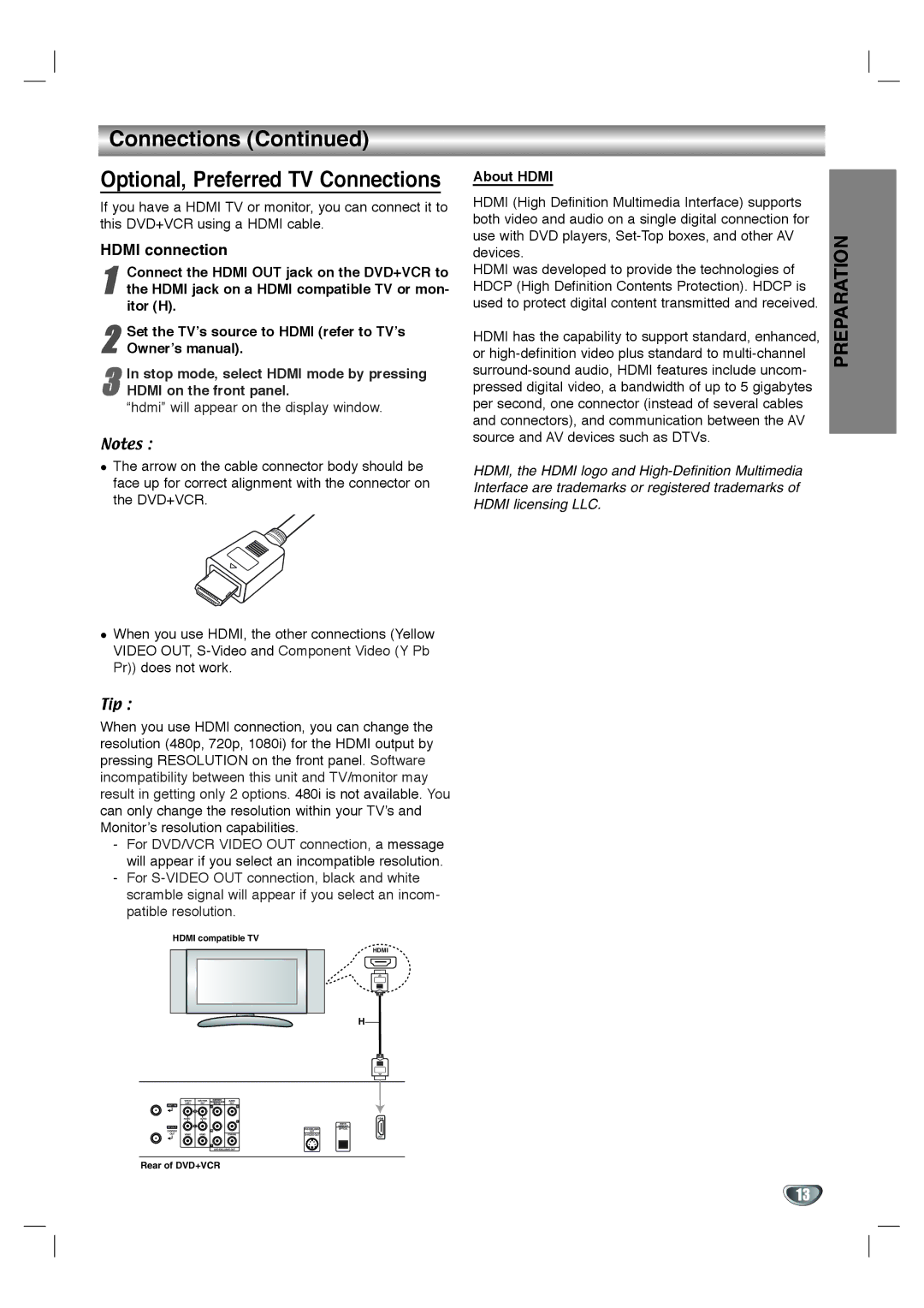 Toshiba SD-V592SU Hdmi connection, Connect the Hdmi OUT jack on the DVD+VCR to, Hdmi jack on a Hdmi compatible TV or mon 