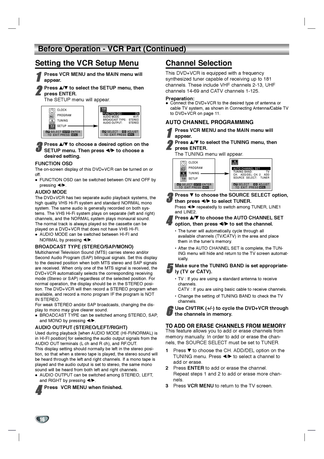 Toshiba SD-V596SU, SD-V592SU owner manual Before Operation VCR Part Setting the VCR Setup Menu, Channel Selection 