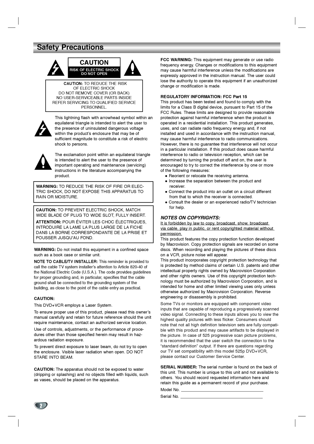 Toshiba SD-V596SU, SD-V592SU owner manual Safety Precautions, Regulatory Information FCC Part 