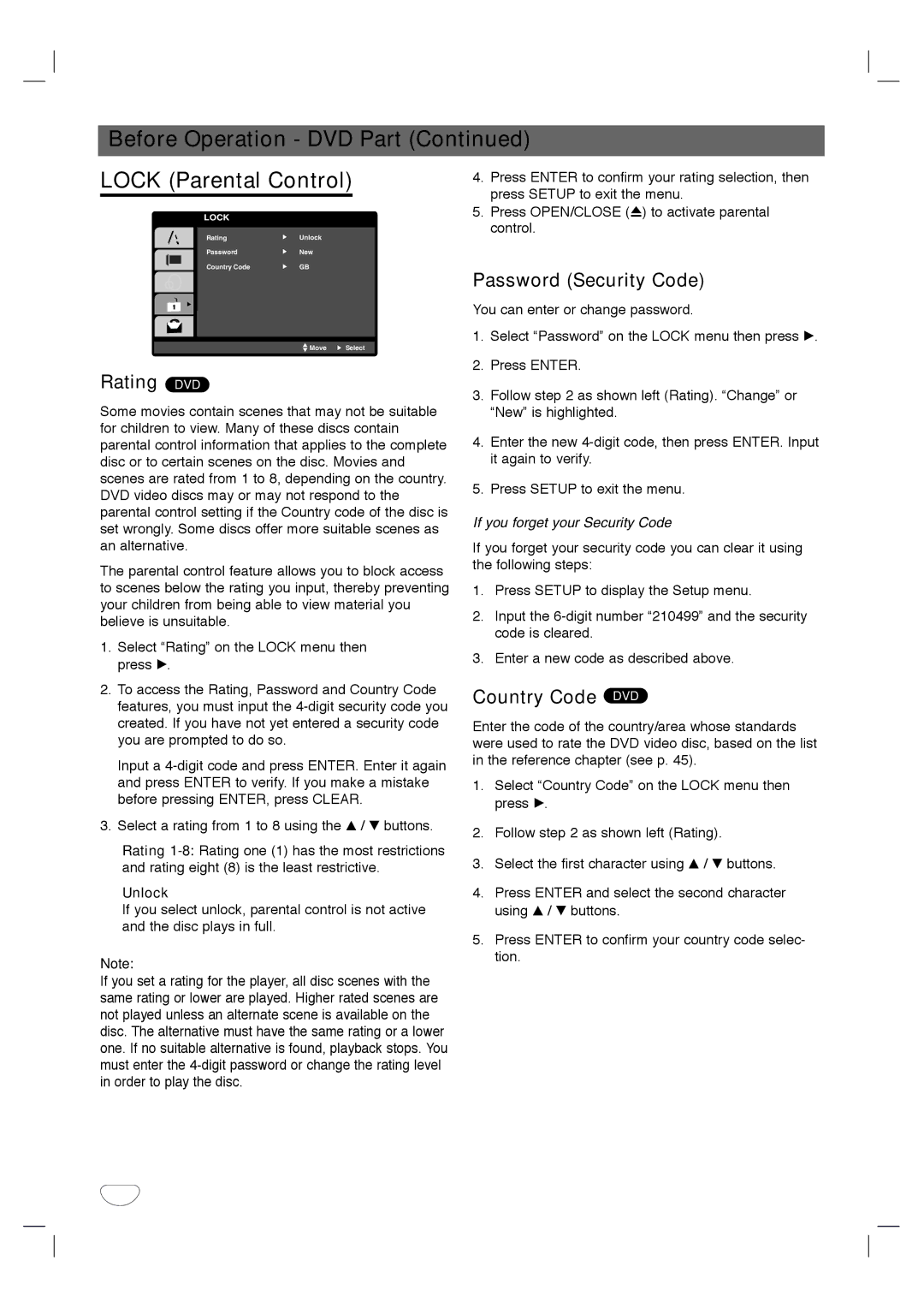 Toshiba SD-V596SU Before Operation DVD Part Lock Parental Control, Password Security Code, Rating DVD, Country Code DVD 