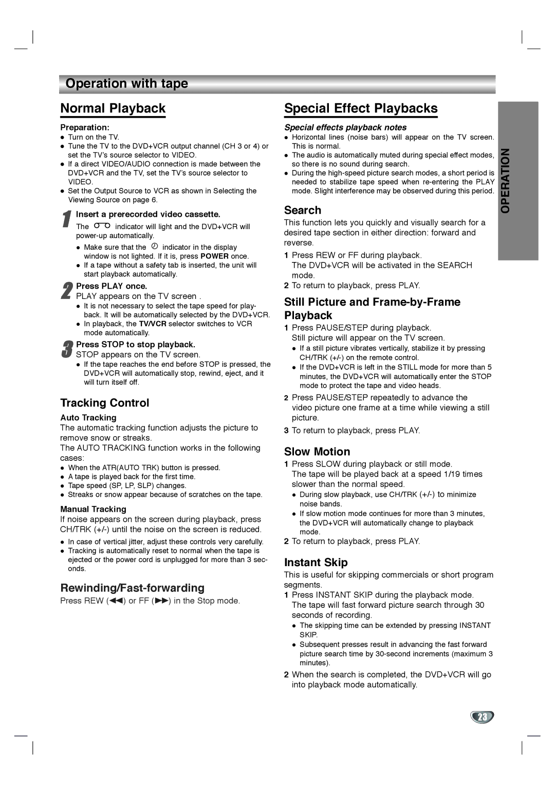 Toshiba SD-V592SU, SD-V596SU owner manual Operation with tape Normal Playback, Special Effect Playbacks 