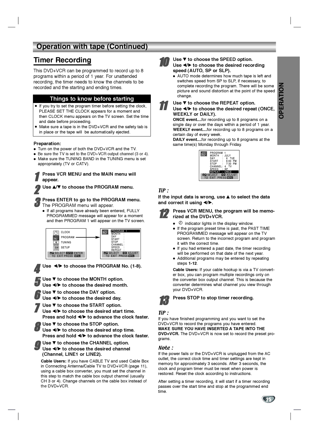 Toshiba SD-V592SU, SD-V596SU owner manual Operation with tape Timer Recording 