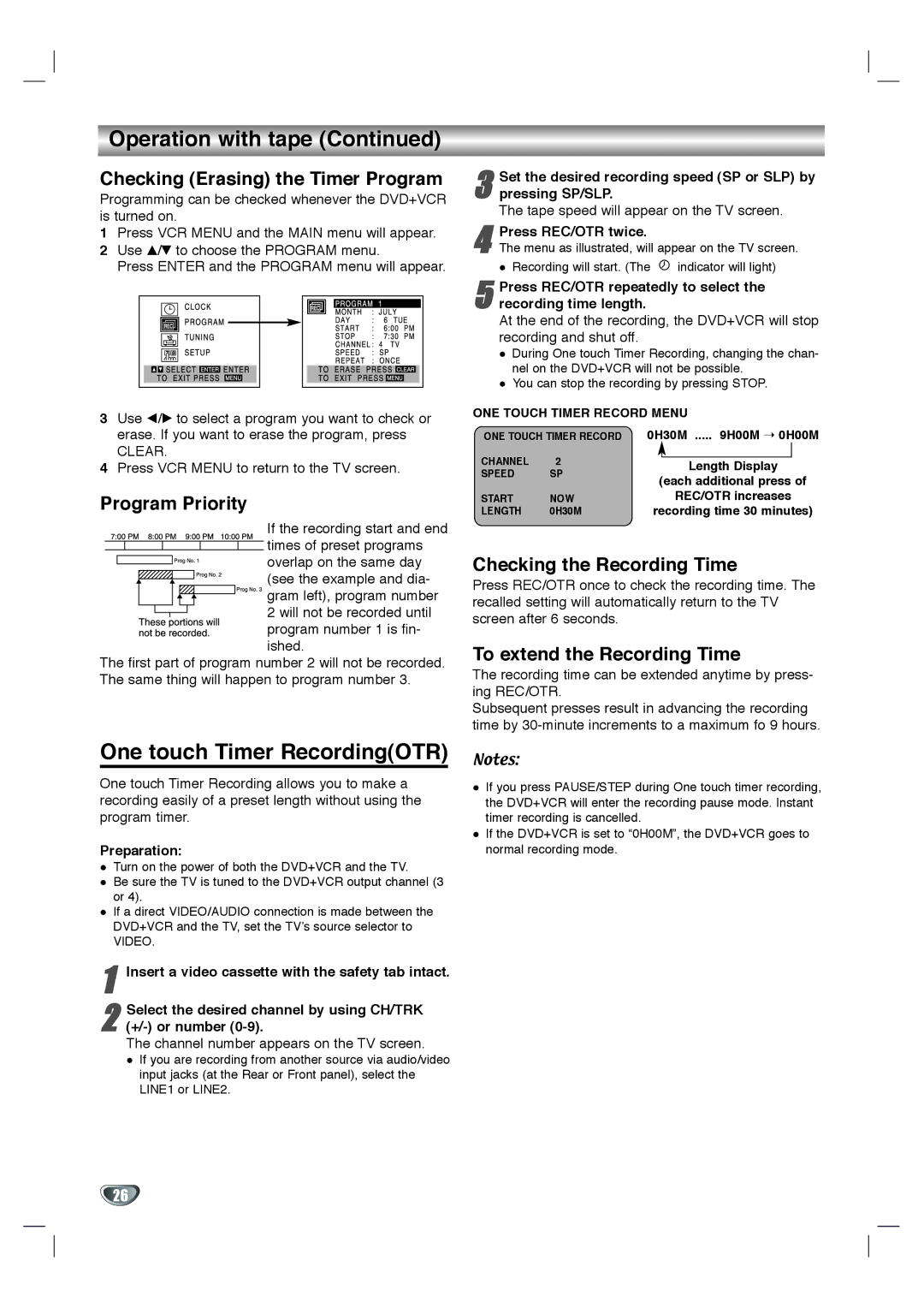 Toshiba SD-V596SU, SD-V592SU owner manual Operation with tape, One touch Timer RecordingOTR 