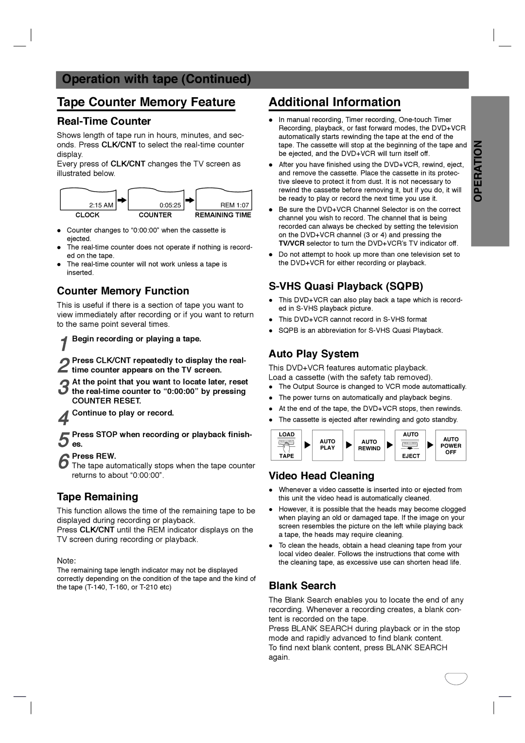 Toshiba SD-V592SU, SD-V596SU owner manual Operation with tape Tape Counter Memory Feature, Additional Information 