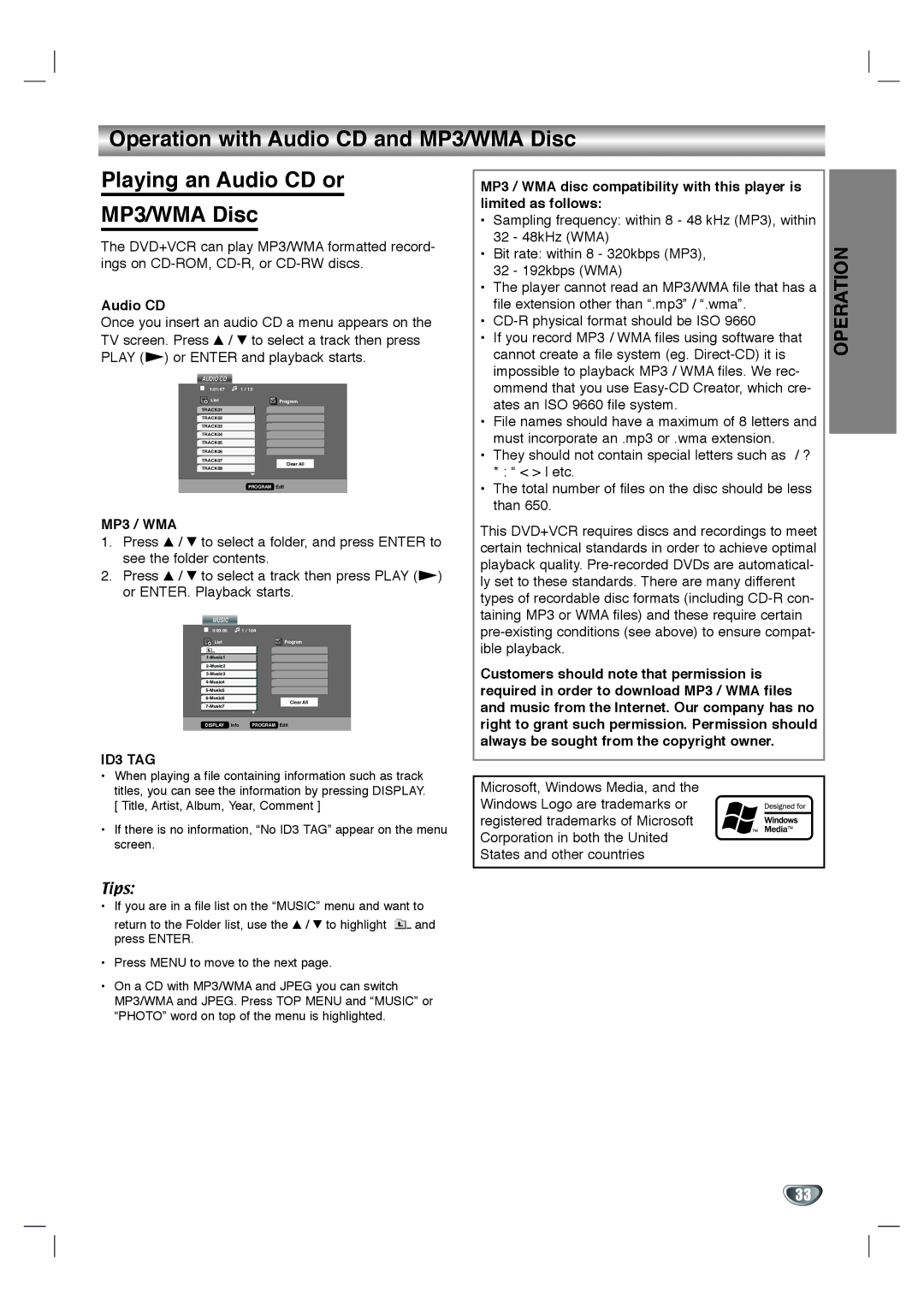 Toshiba SD-V592SU, SD-V596SU owner manual Audio CD, MP3 / WMA, ID3 TAG 