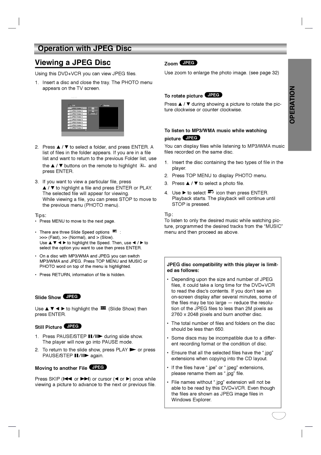 Toshiba SD-V592SU, SD-V596SU owner manual Operation with Jpeg Disc Viewing a Jpeg Disc 