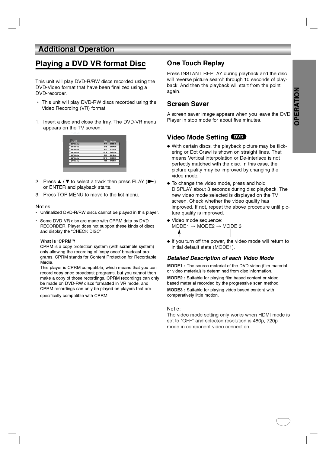 Toshiba SD-V592SU Additional Operation Playing a DVD VR format Disc, One Touch Replay, Screen Saver, What is ‘CPRM’? 