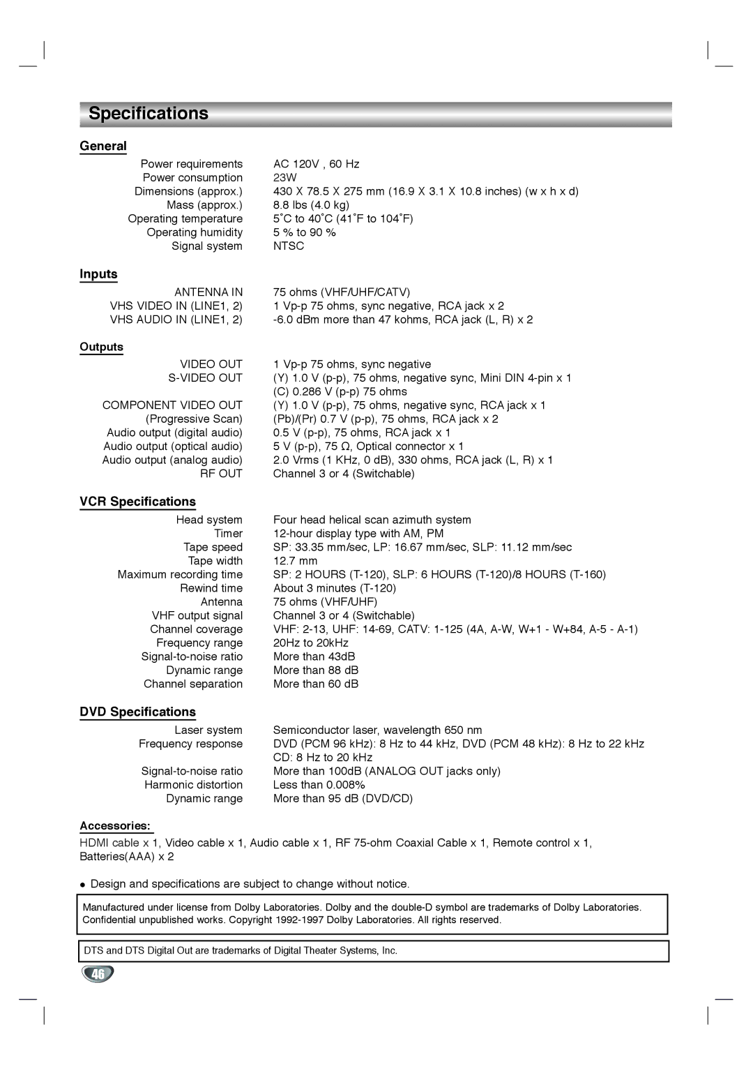 Toshiba SD-V596SU, SD-V592SU owner manual General, Inputs, VCR Specifications, DVD Specifications 