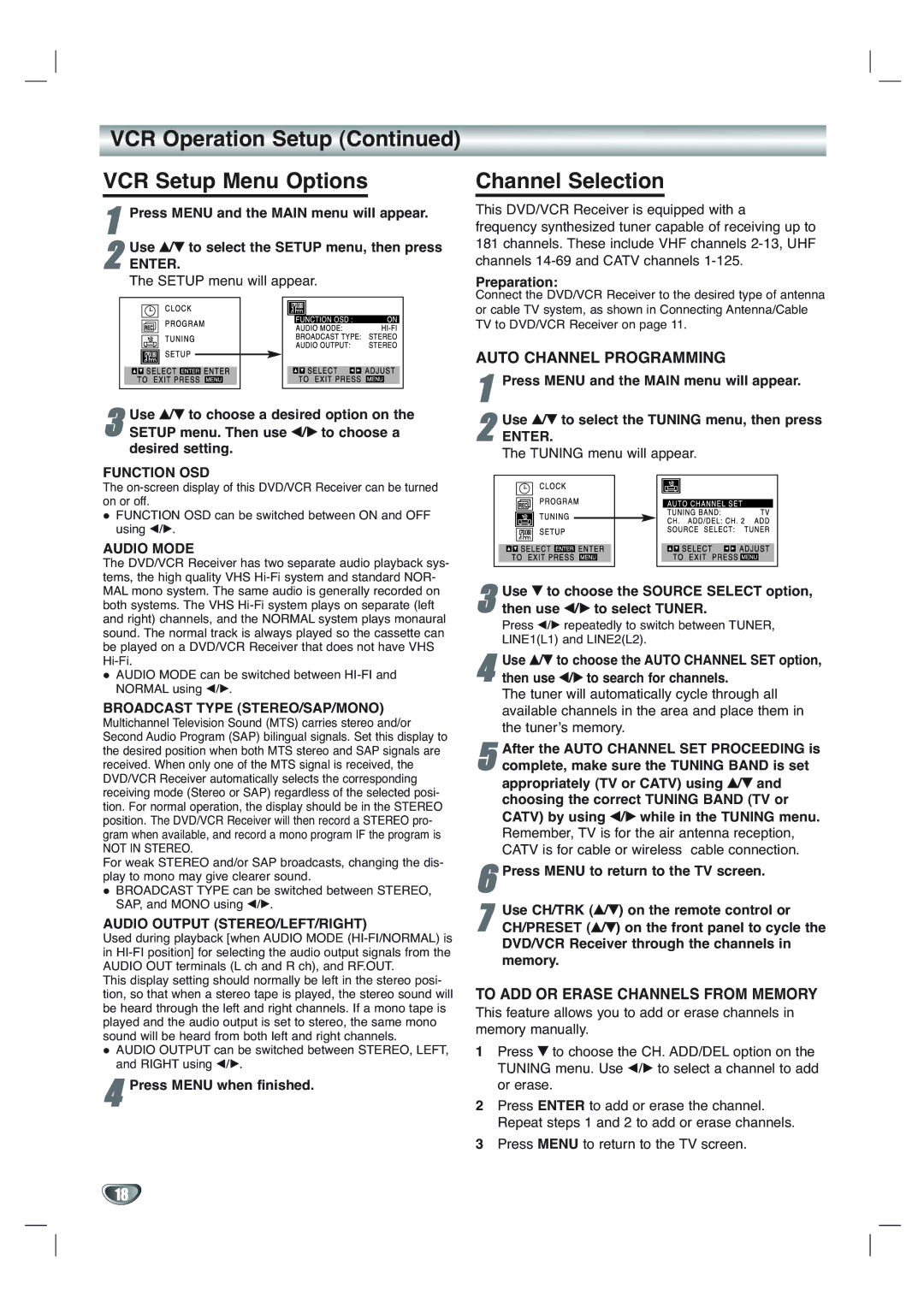 Toshiba SD-V65HTSU owner manual VCR Operation Setup VCR Setup Menu Options, Channel Selection, Preparation 