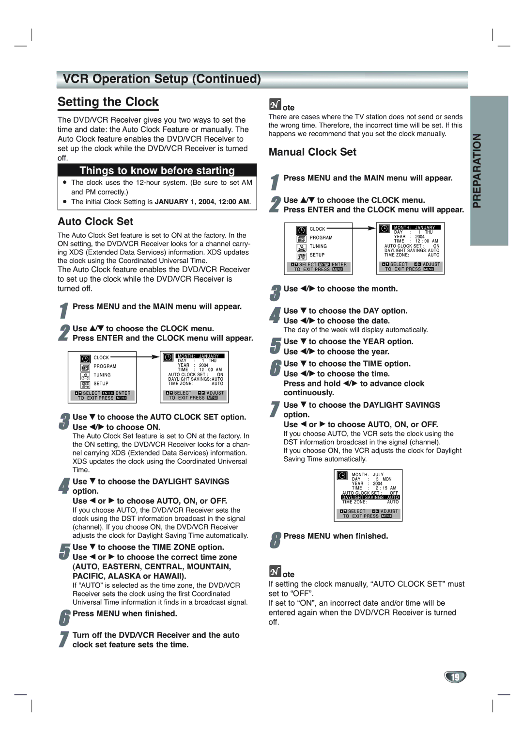 Toshiba SD-V65HTSU owner manual VCR Operation Setup Setting the Clock, Manual Clock Set, Auto Clock Set 