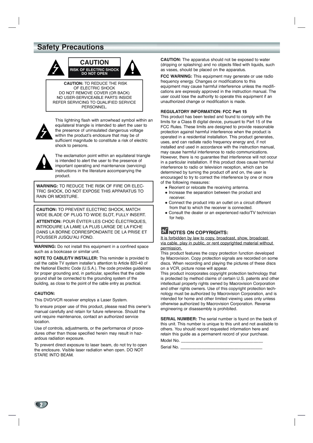 Toshiba SD-V65HTSU owner manual Safety Precautions, Regulatory Information FCC Part 