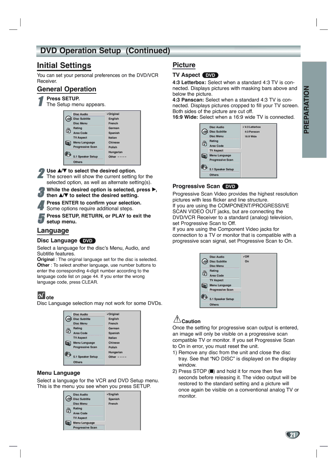 Toshiba SD-V65HTSU owner manual DVD Operation Setup Initial Settings, Picture, General Operation, Language 