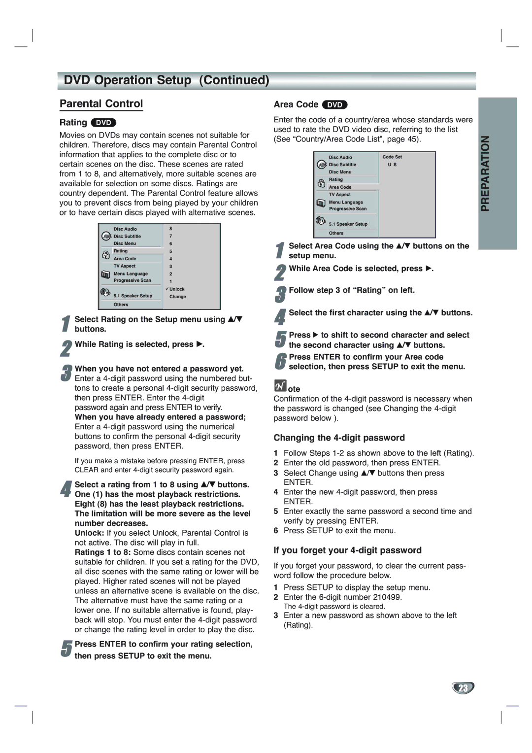 Toshiba SD-V65HTSU owner manual Parental Control, Rating DVD, Area Code DVD, Changing the 4-digit password 