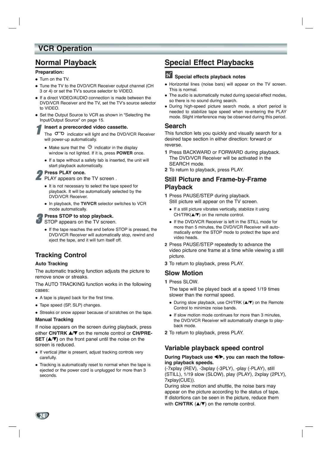 Toshiba SD-V65HTSU owner manual VCR Operation Normal Playback, Special Effect Playbacks 