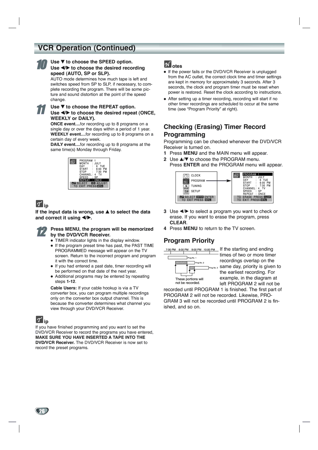 Toshiba SD-V65HTSU owner manual VCR Operation, Checking Erasing Timer Record Programming, Program Priority 