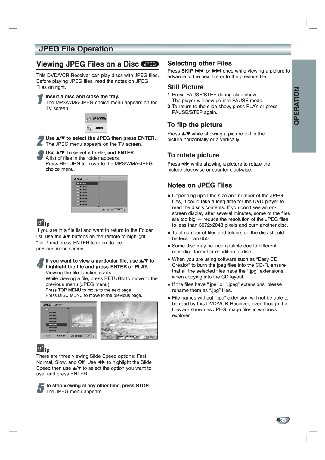 Toshiba SD-V65HTSU owner manual Jpeg File Operation Viewing Jpeg Files on a Disc Jpeg, Selecting other Files, Still Picture 