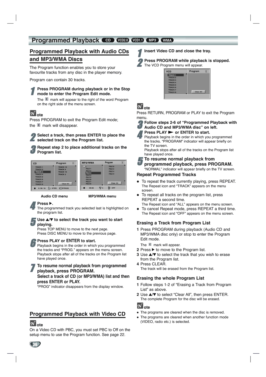 Toshiba SD-V65HTSU owner manual Programmed Playback with Audio CDs MP3/WMA Discs, Programmed Playback with Video CD 