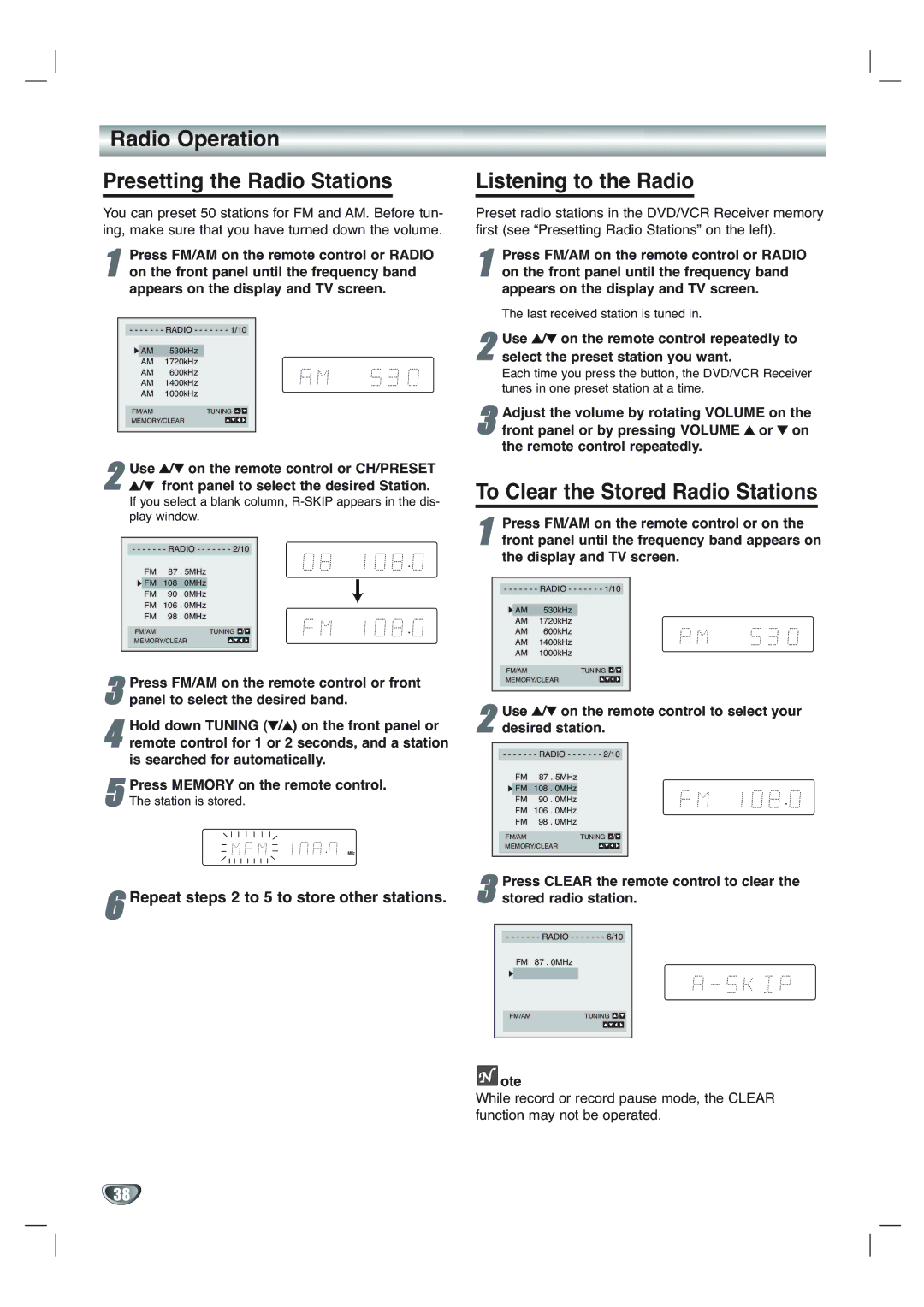 Toshiba SD-V65HTSU owner manual Radio Operation Presetting the Radio Stations, Listening to the Radio 