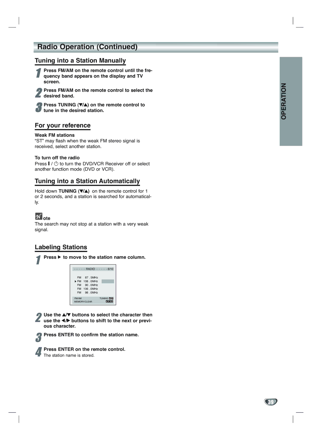 Toshiba SD-V65HTSU owner manual Radio Operation, Tuning into a Station Manually, For your reference, Labeling Stations 