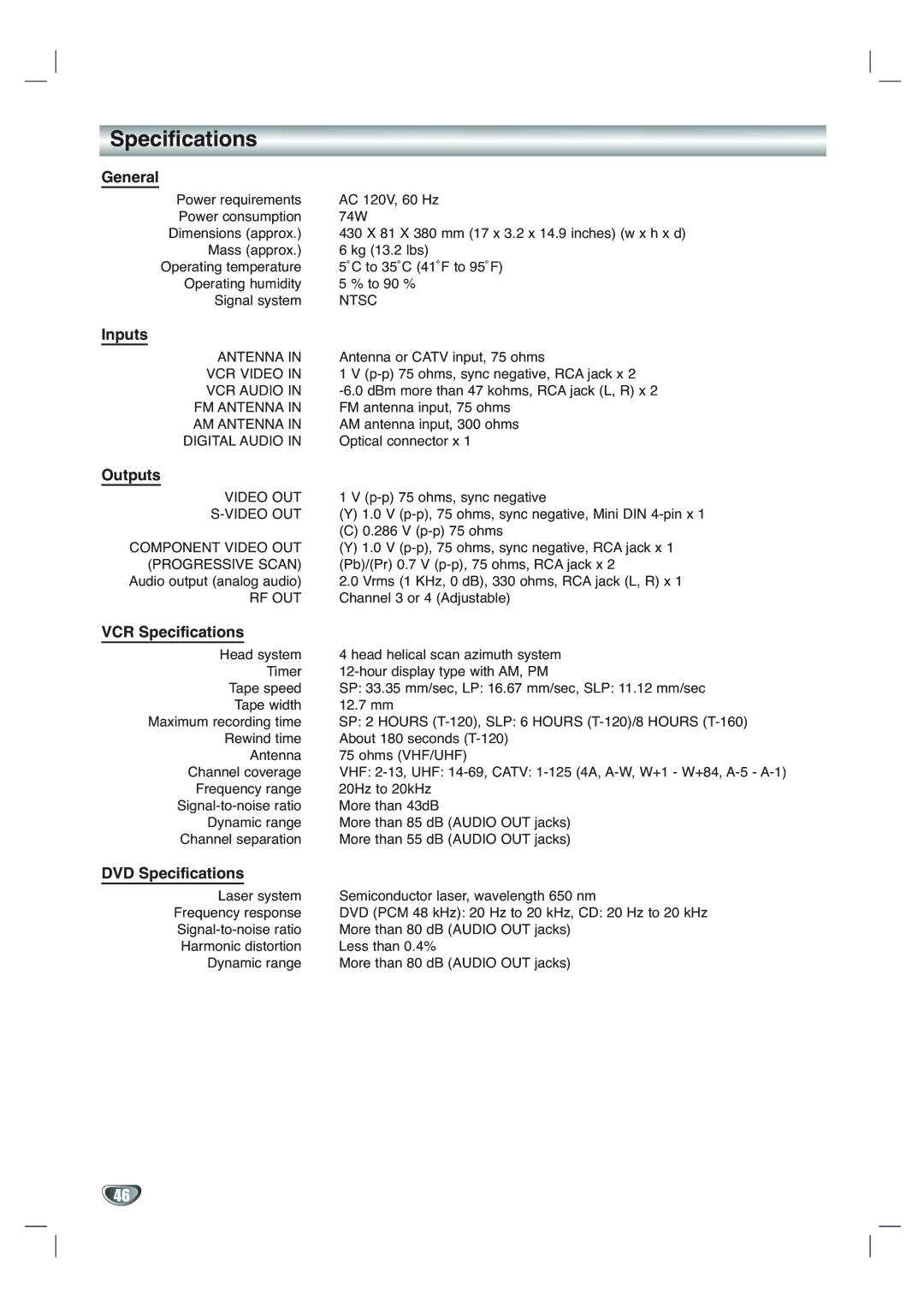 Toshiba SD-V65HTSU owner manual Specifications 