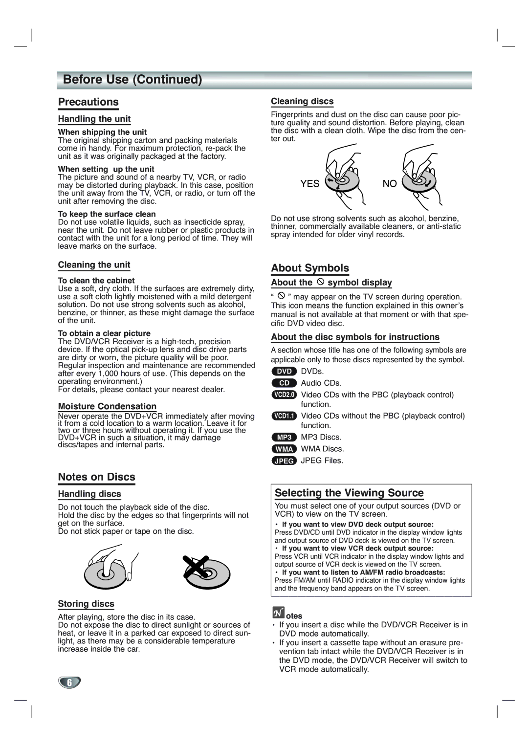 Toshiba SD-V65HTSU owner manual Precautions, About Symbols, Selecting the Viewing Source 