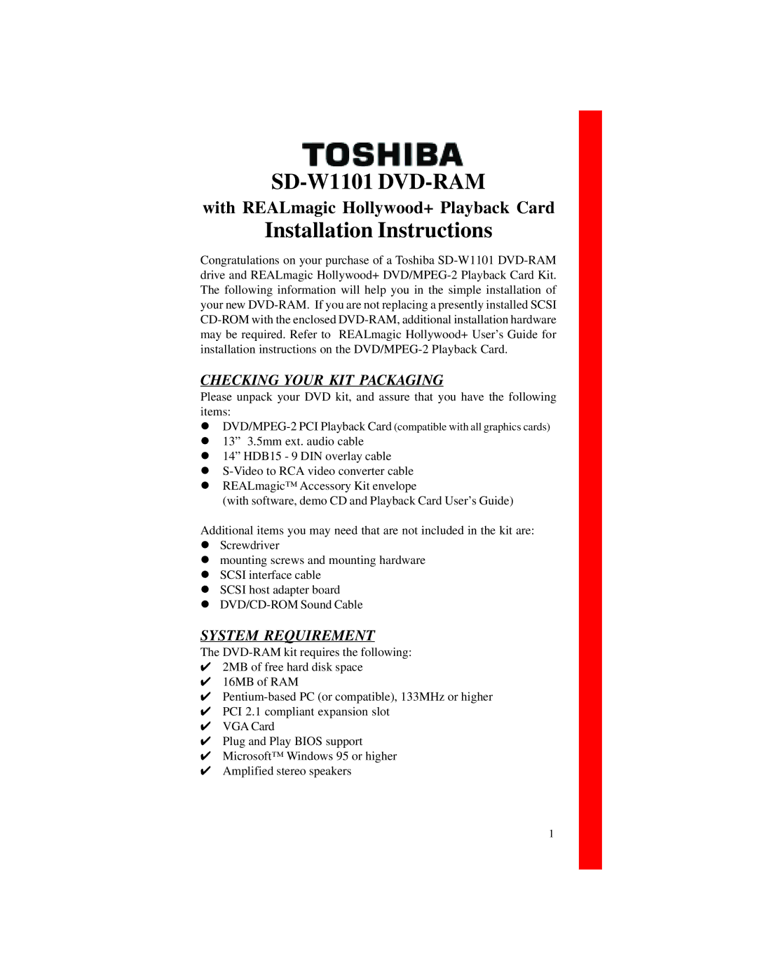 Toshiba SD-W1101 installation instructions Checking Your KIT Packaging, System Requirement 