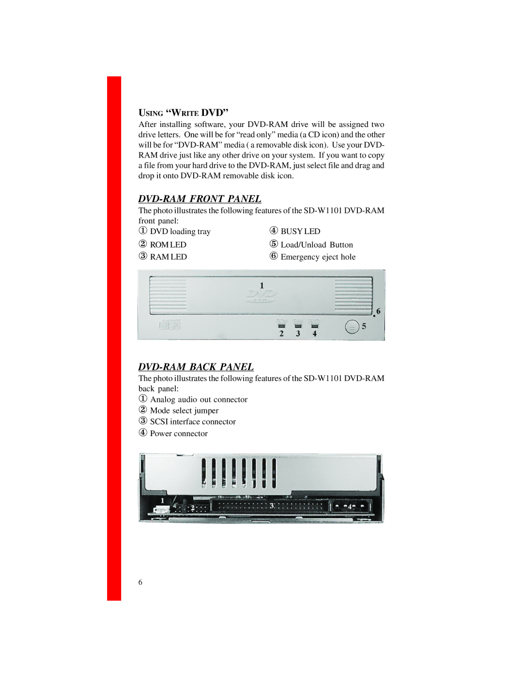 Toshiba SD-W1101 installation instructions DVD-RAM Front Panel, DVD-RAM Back Panel 