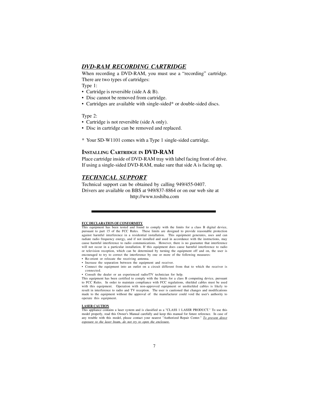 Toshiba SD-W1101 installation instructions DVD-RAM Recording Cartridge, Technical Support 