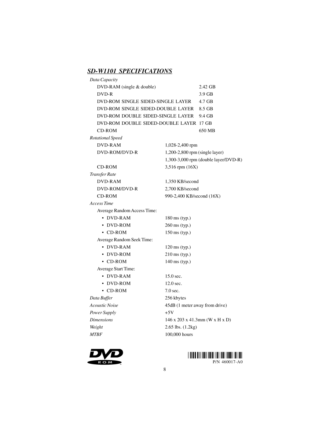 Toshiba installation instructions SD-W1101 Specifications, Cd-Rom 