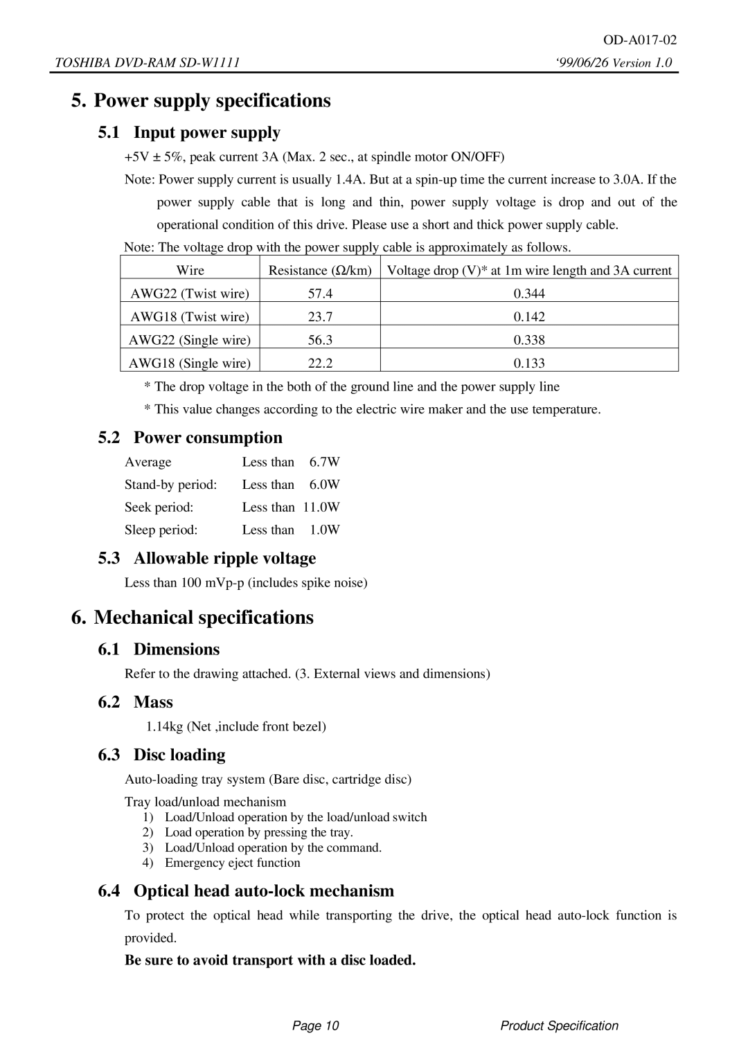 Toshiba SD-W1111 Power supply specifications, Mechanical specifications 